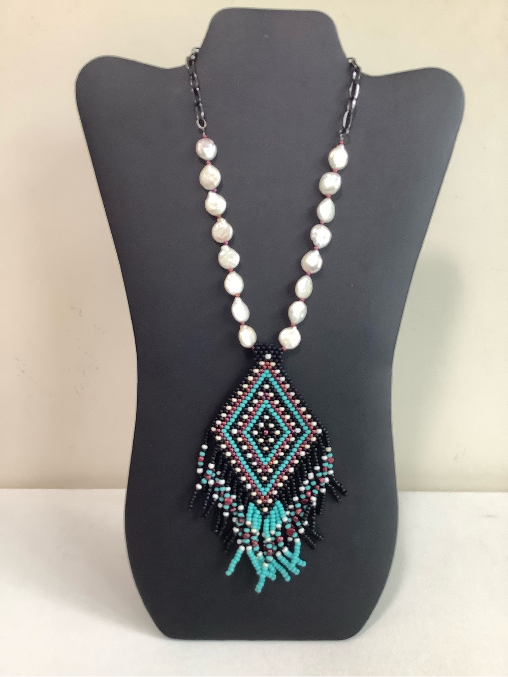 Boho Black and Turquoise Beaded Fringe Necklace with Pearl Accents